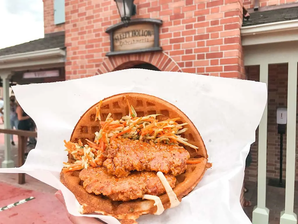 Spicy Chicken Waffle Sandwich from Sleepy Hollow at Disney World
