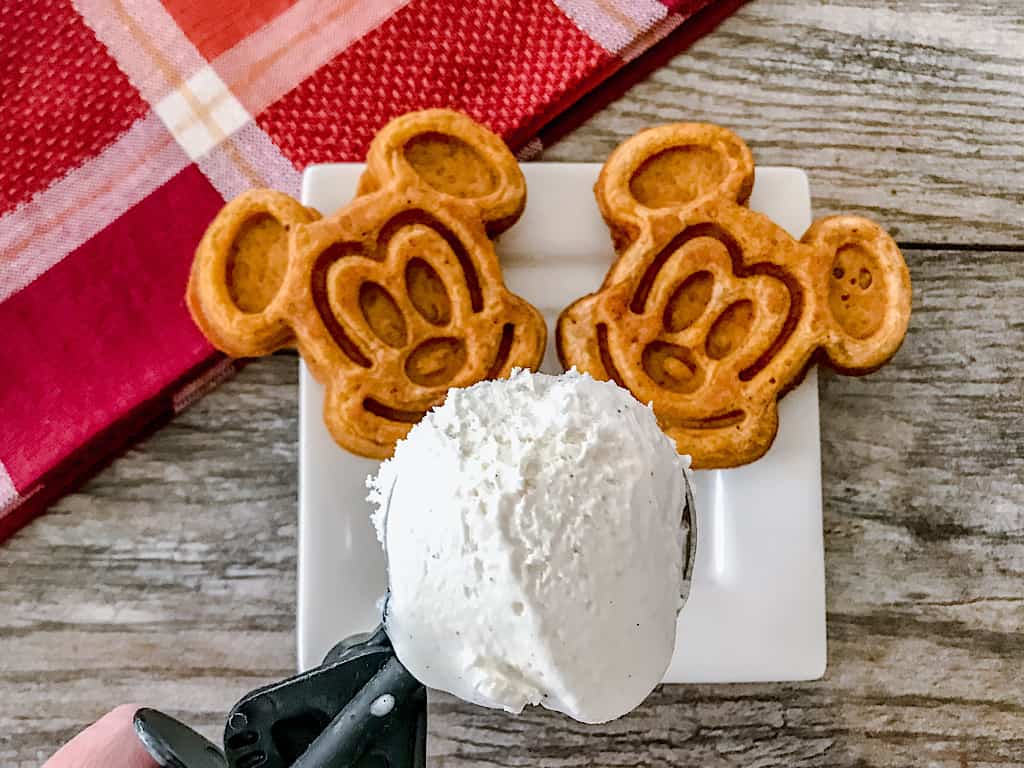 Add one or two scoops of vanilla ice cream with the waffles.
