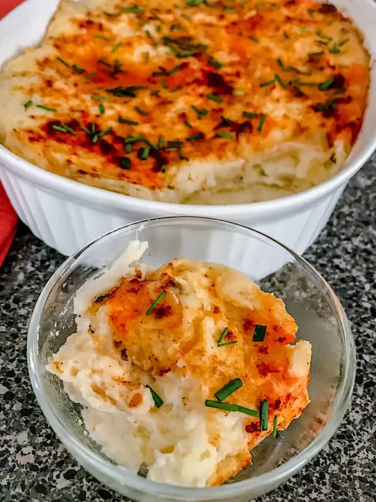 Two dishes with make ahead mashed potatoes.