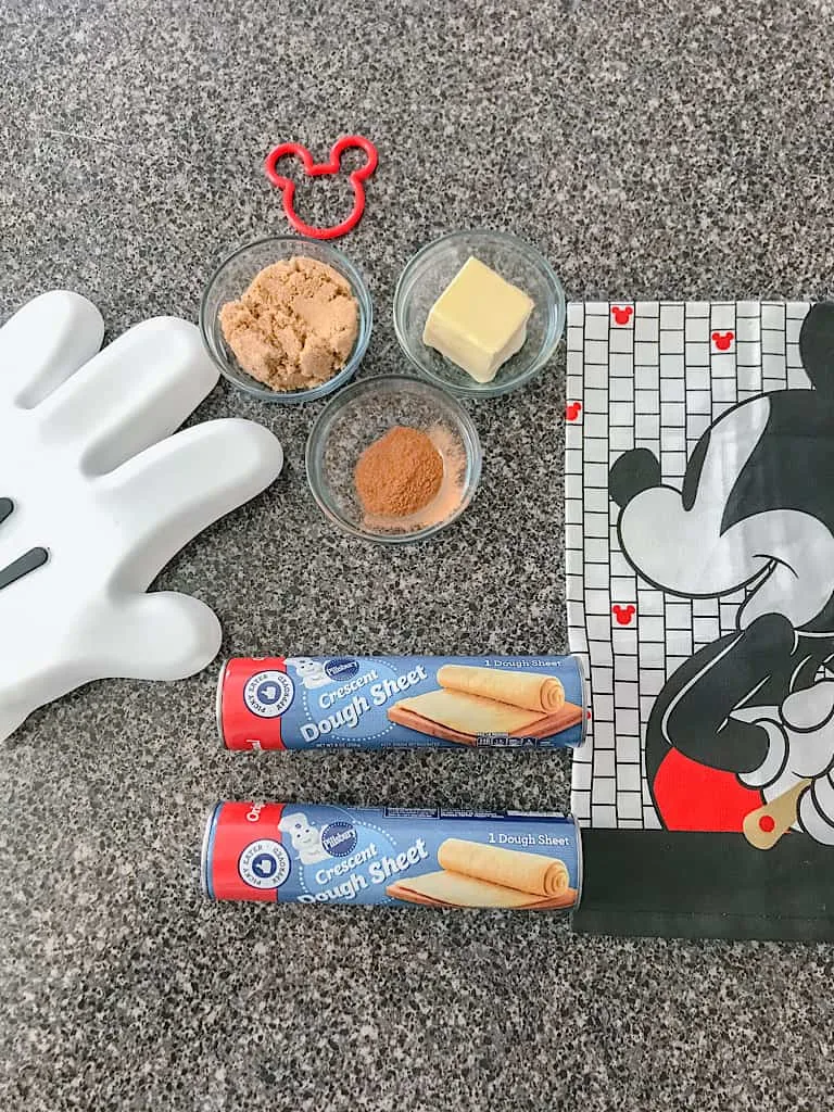 Ingredients for Mickey Mouse Cinnamon Rolls: 2 Cans Refrigerated Crescent Roll Dough Sheets, 1/4 Cup Butter, softened, 1/2 Cup Brown Sugar 2 Teaspoons Cinnamon