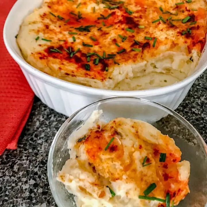 Two dishes with make ahead mashed potatoes.