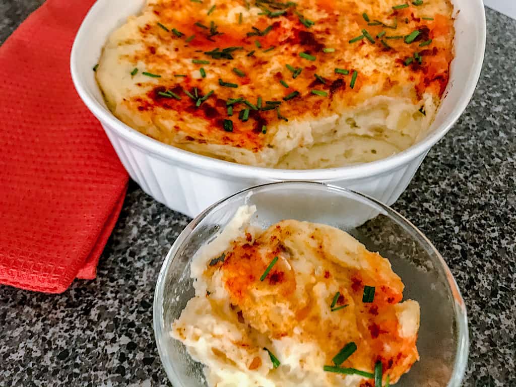 Two dishes with make ahead mashed potatoes.