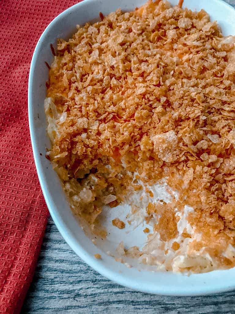 A pan of three cheese funeral potatoes