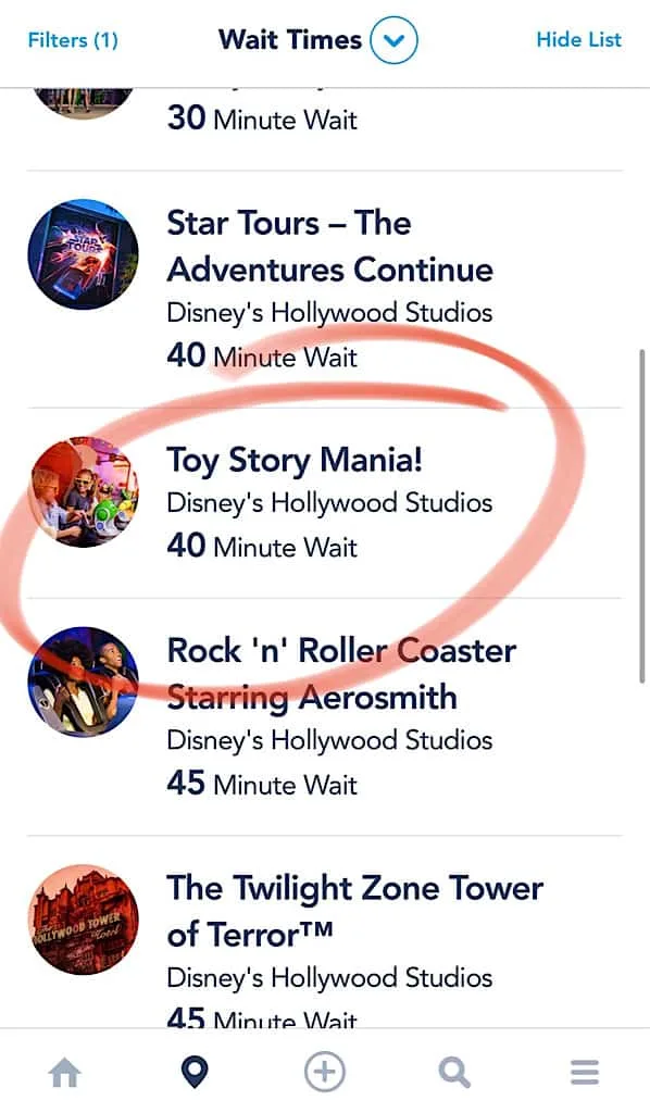 Wait time for Toy Story Midway Mania in the My Disney Experience App