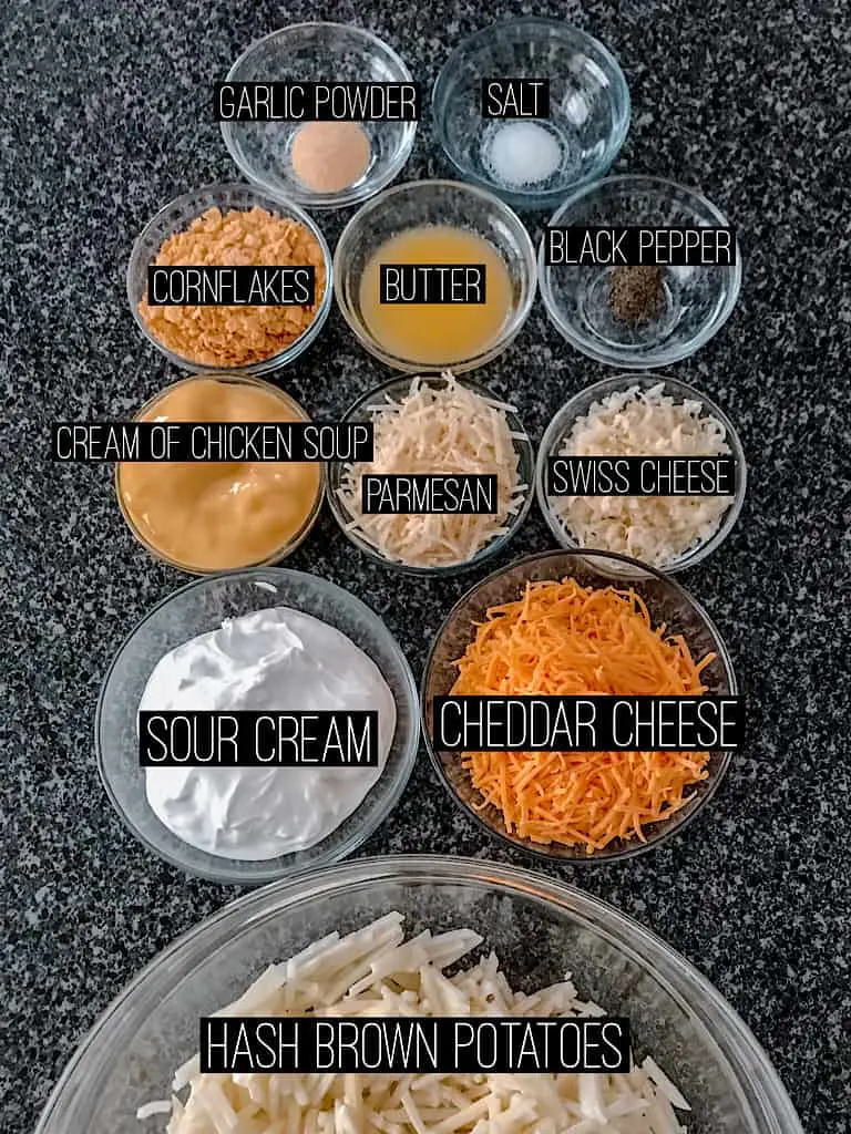 Ingredients for three cheese funeral potato casserole