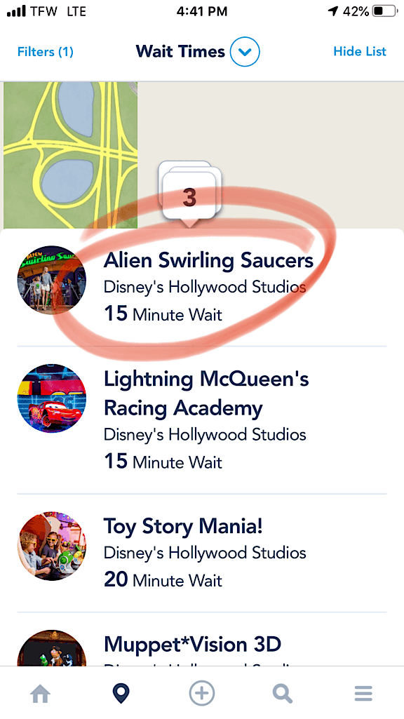 Disney World App wait time for Alien Swirling Saucers