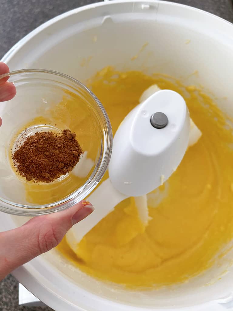 Add the salt, baking soda, and nutmeg to the mixture, mixing in between each ingredient.