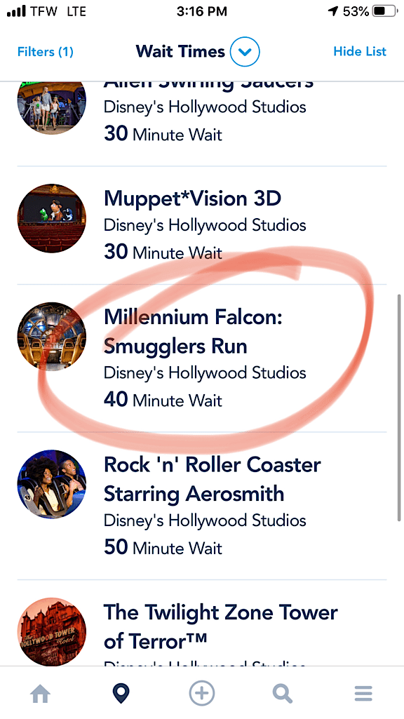 Wait time for Millennium Falcon: Smuggler's Run at Disney's Hollywood Studios