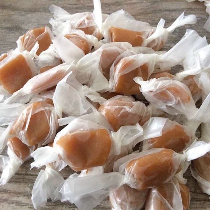 Homemade microwave caramels wrapped in wax paper