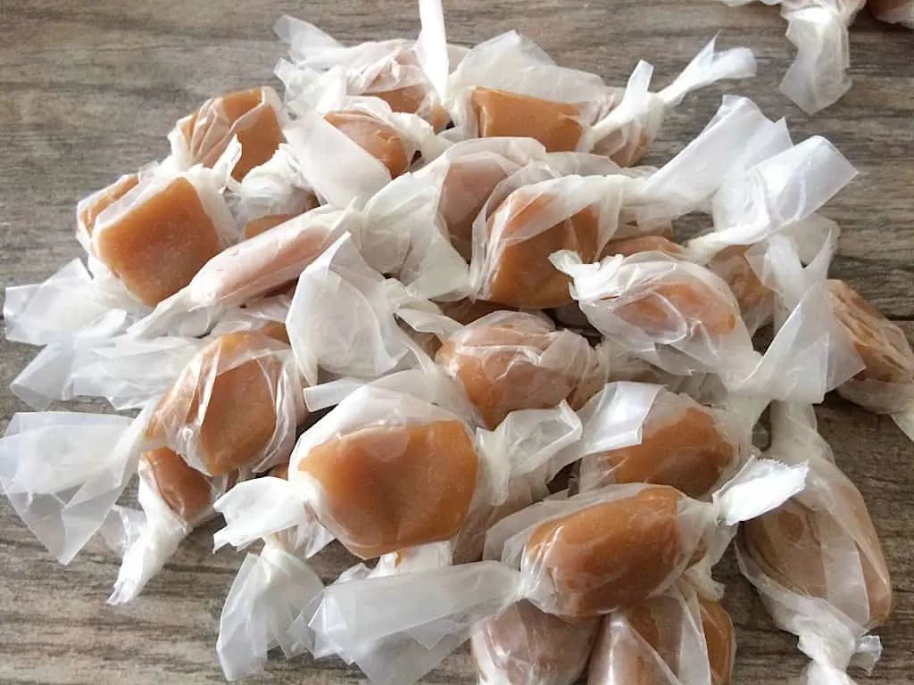 Homemade microwave caramels wrapped in wax paper