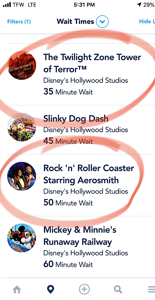 Screenshot of Disney World wait times My Disney Experience app