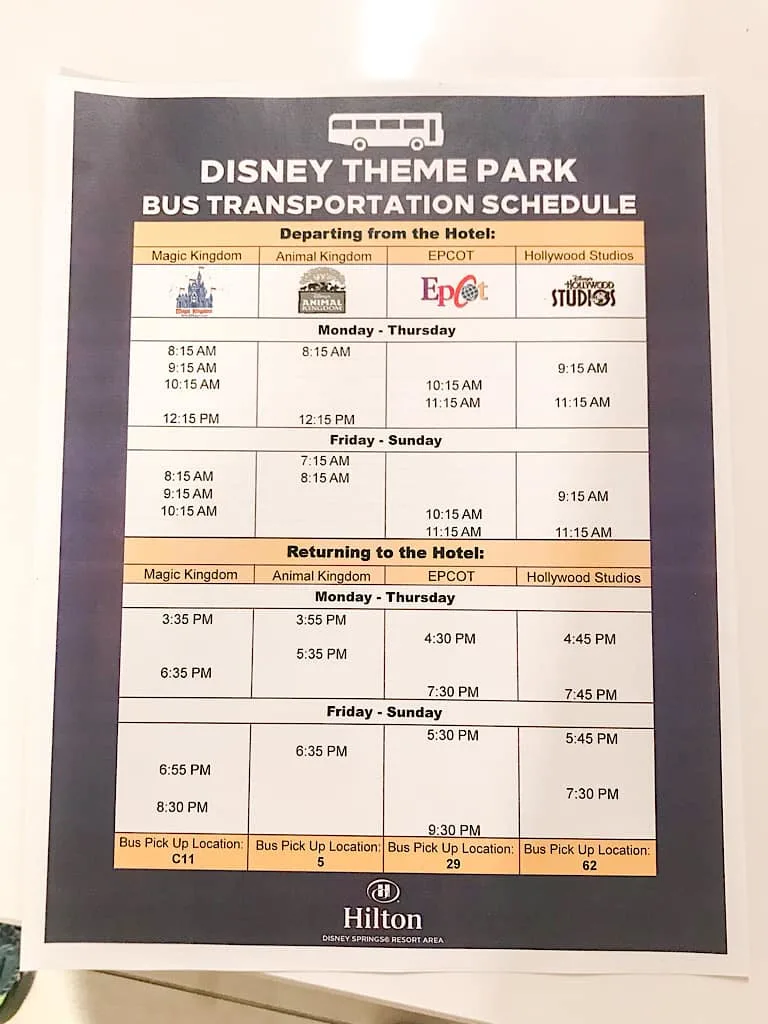 Disney World Shuttle Schedule from Hilton Lake Buena Vista Palace