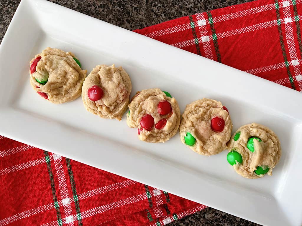 A plate of Cream Cheese Cookies with Christmas M&Ms