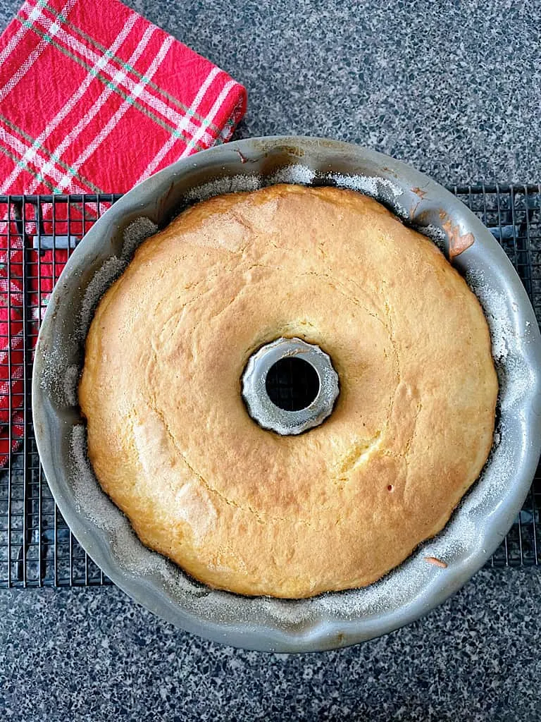 Remove the cake from the oven and allow it to cool in the pan on a cooling rack for about 20 minutes.