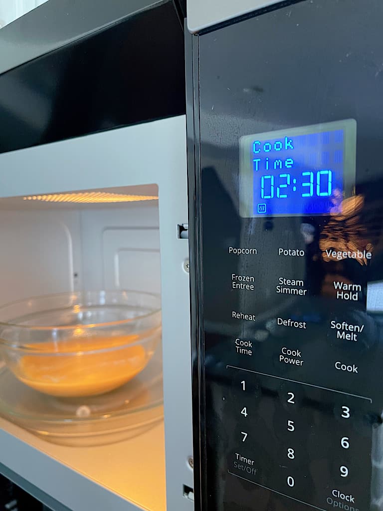 Put the bowl in the microwave and set the timer for 2 minutes 30 seconds. (Time is based on 1000 watt microwave. You may need to adjust time and power for your microwave wattage)