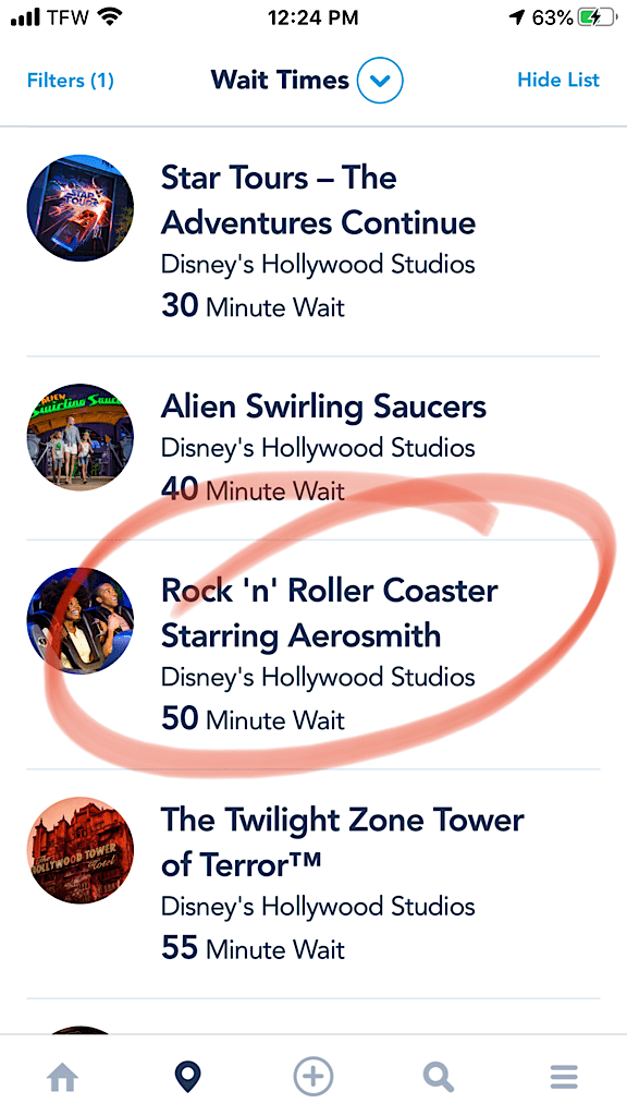 Posted Wait Time for Rock 'n' Roller Coaster at Disney World