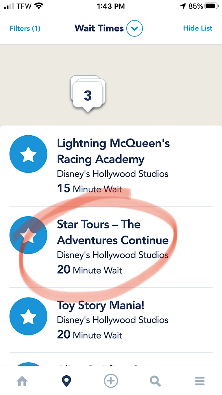Disney World App wait time for Star Tours