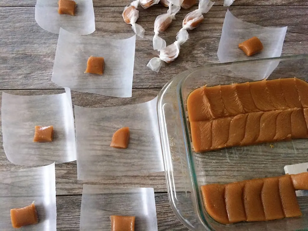 Cut the caramels into your desired shape and size and wrap in wax paper.