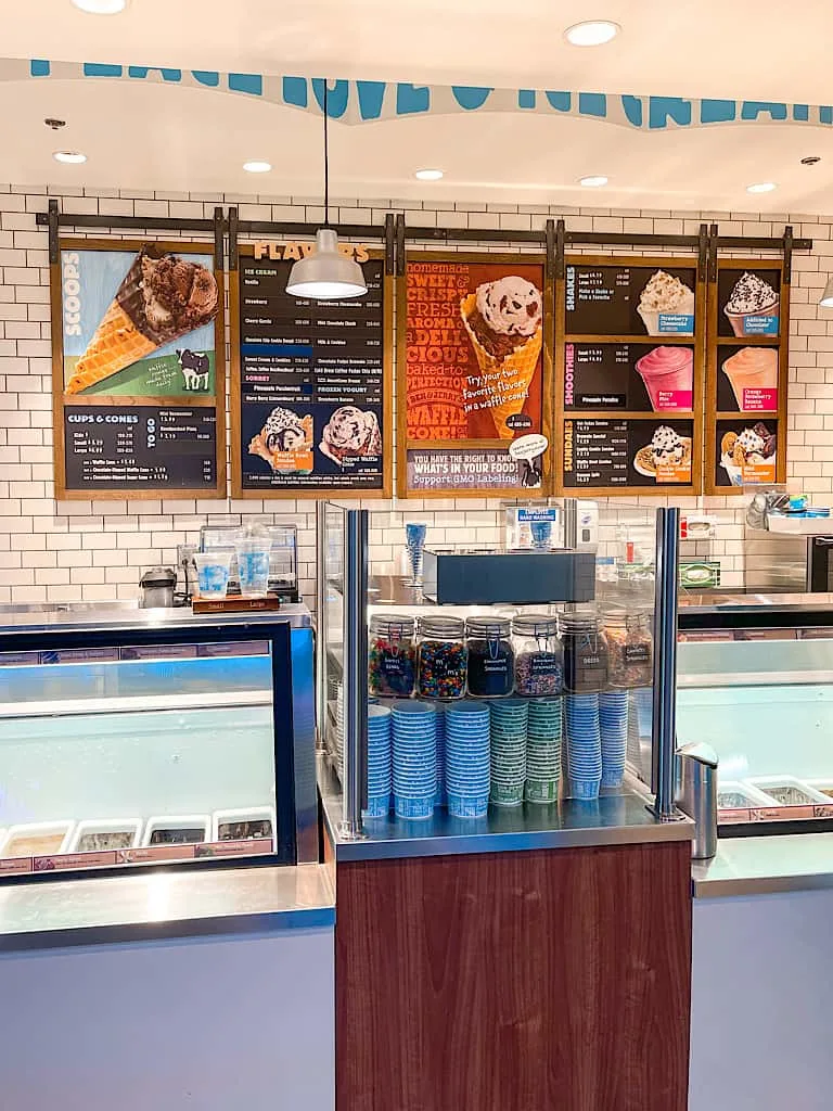 Ice cream menu at Ben & Jerry's inside Great Wolf Lodge