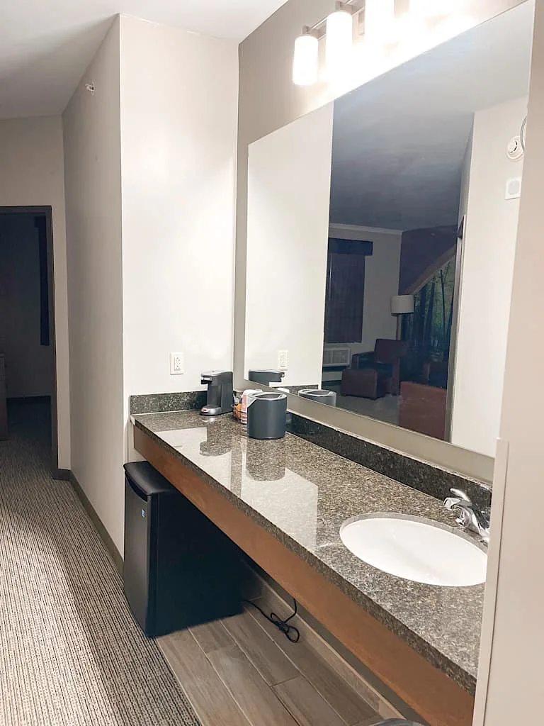 Extra Sink, counter space, and mini fridge inside Grizzly Bear Suite at Great Wolf Lodge in Arizona