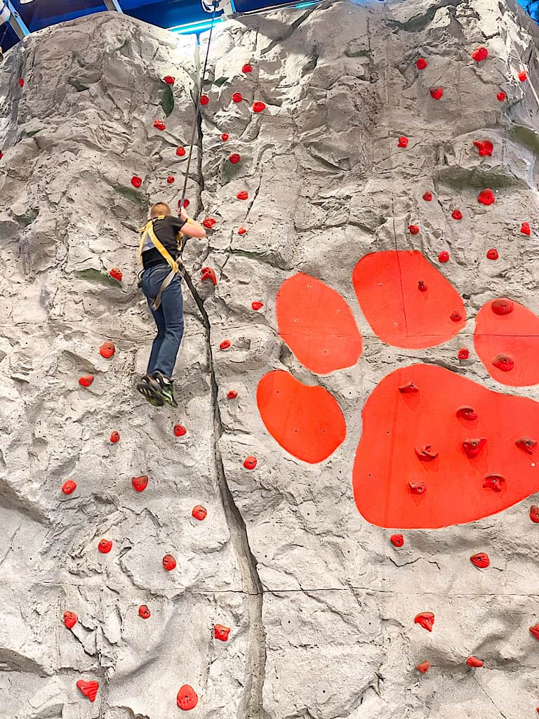 A boy on a climbing wall at Great Wolf Lodge