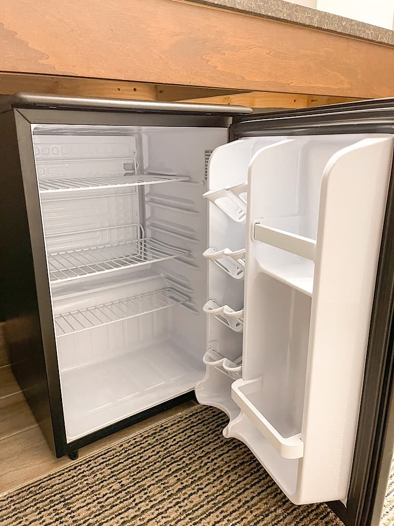 Inside view of the mini fridge in a Grizzly Bear Suite at Great Wolf Lodge Arizona