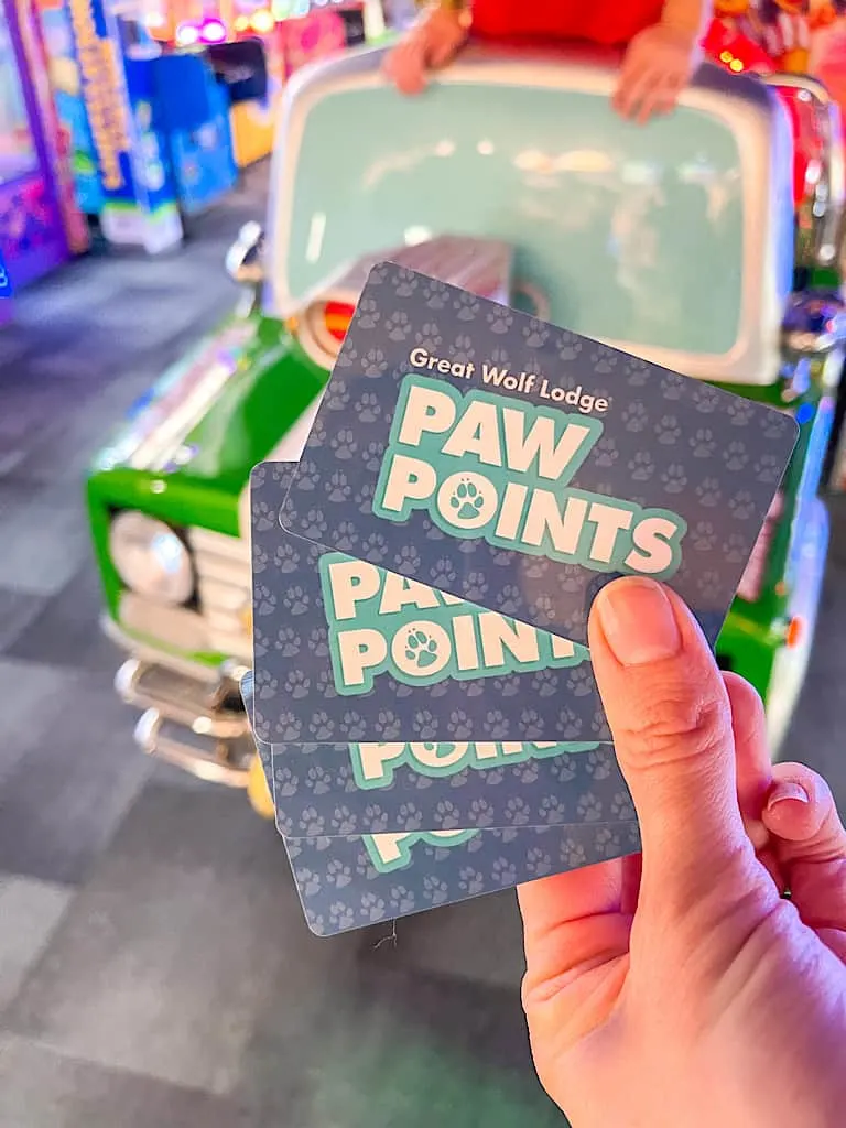 Game Cards called Paw Points to be used at the arcade at Great Wolf Lodge