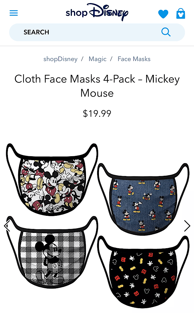 Four Mickey Mouse-inspired face masks sold on shopDisney.com