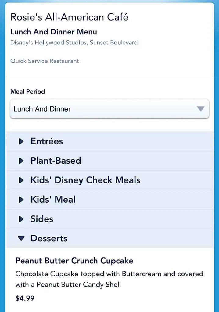 Menu from Rosie's All American Cafe at Disney World