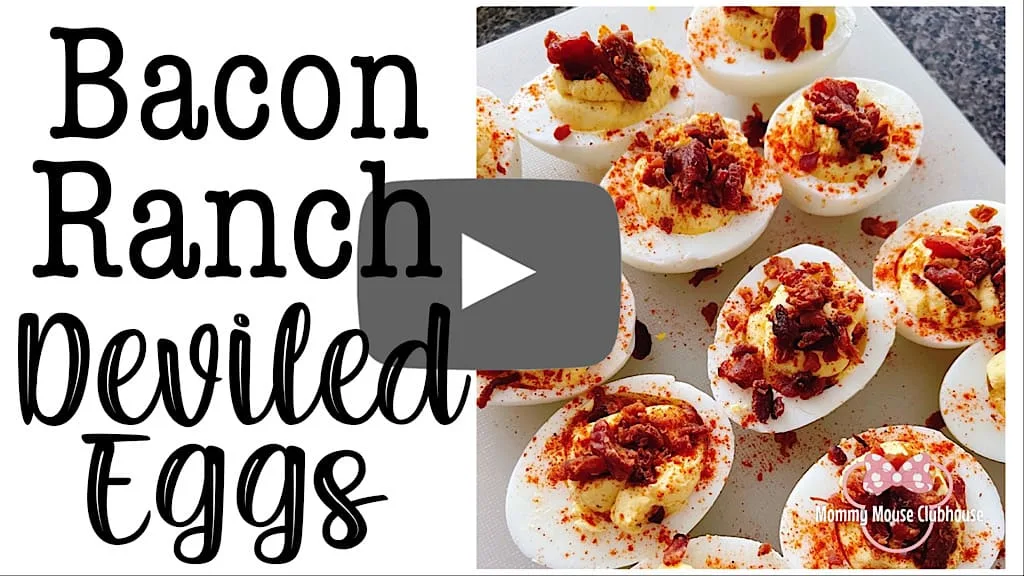 YouTube thumbnail with a picture of crack deviled eggs and text that says Bacon Ranch Deviled Eggs.
