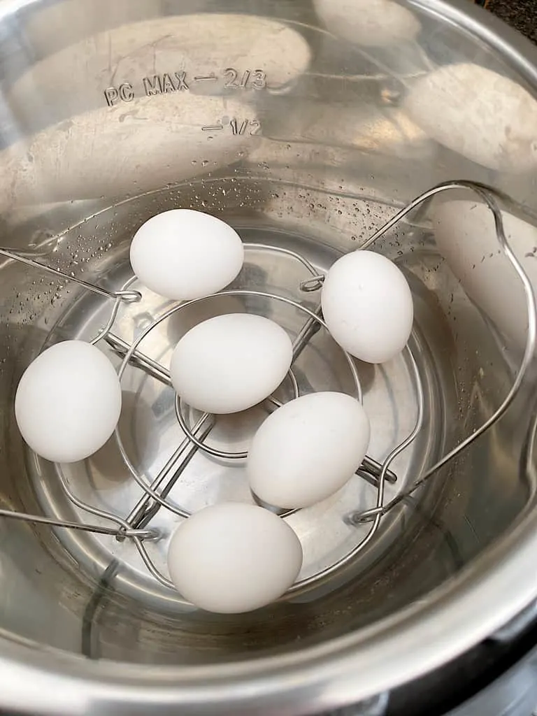 Eggs on a rack inside an Instant Pot.