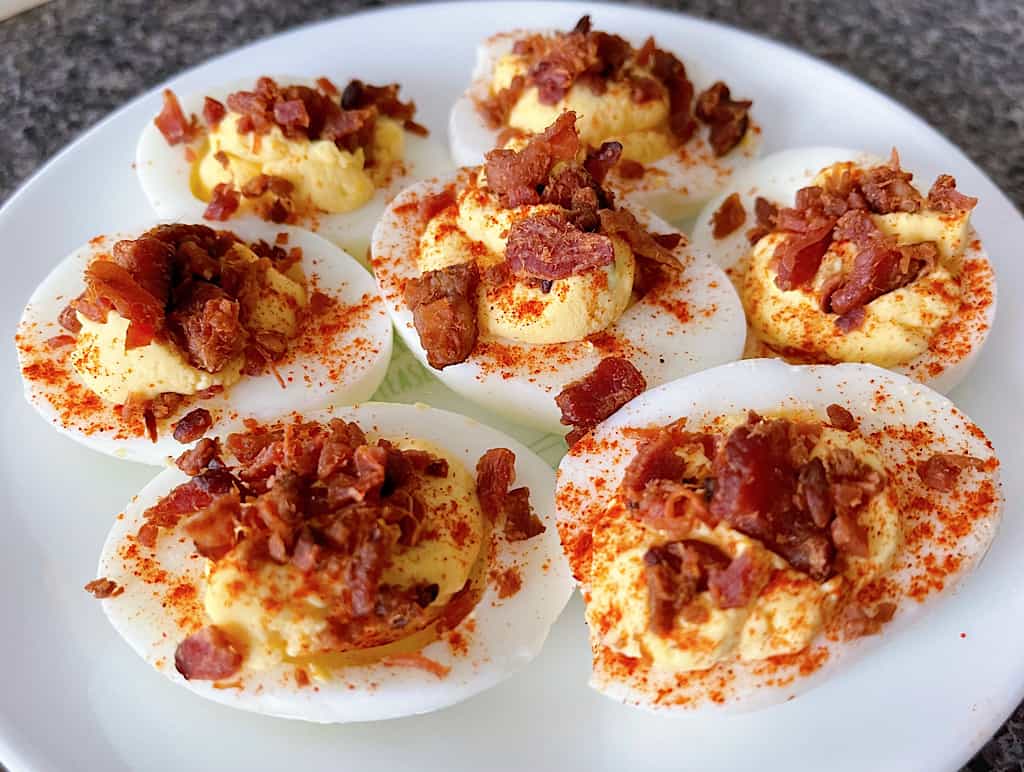 A plate of bacon ranch or crack deviled eggs.