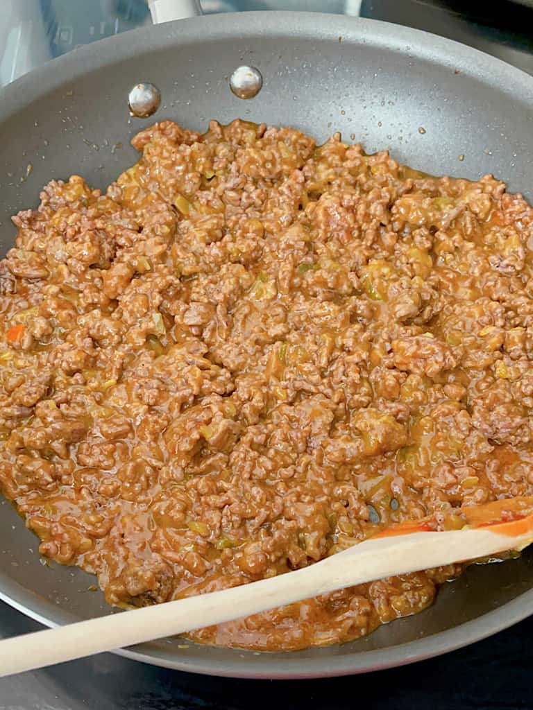 Ground beef mixed with ketchup, mustard, relish, garlic, salt, pepper, and brown sugar.