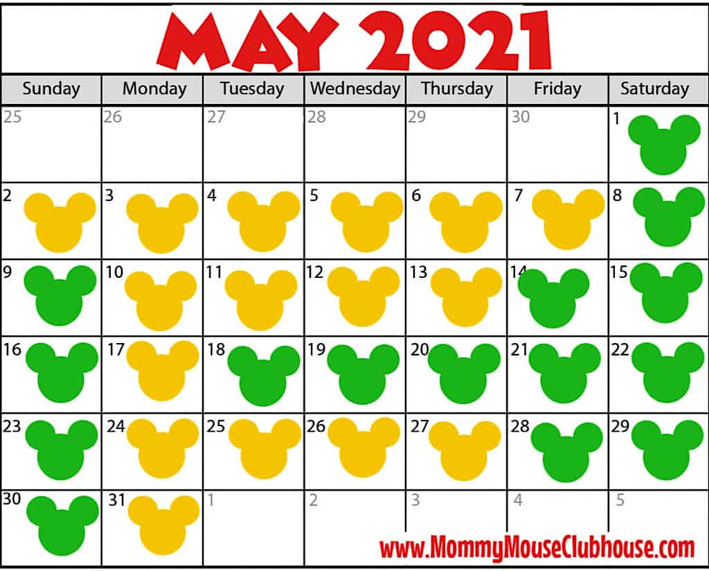 A May 2021 calendar with yellow and green Mickey heads showing park reservation availability at Disney World.