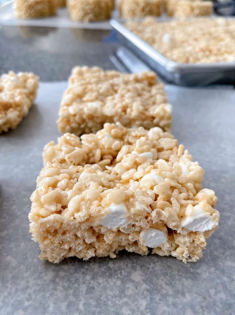 A close up shot of the Best Rice Krispie Treats with extra marshmallow.