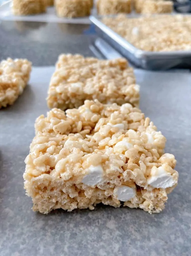 A close up shot of the Best Rice Krispie Treats with extra marshmallow.
