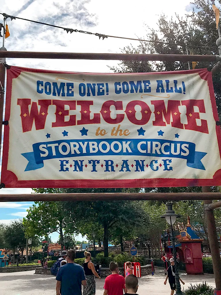 Welcome sign for Storybook Circus in Fantasyland.