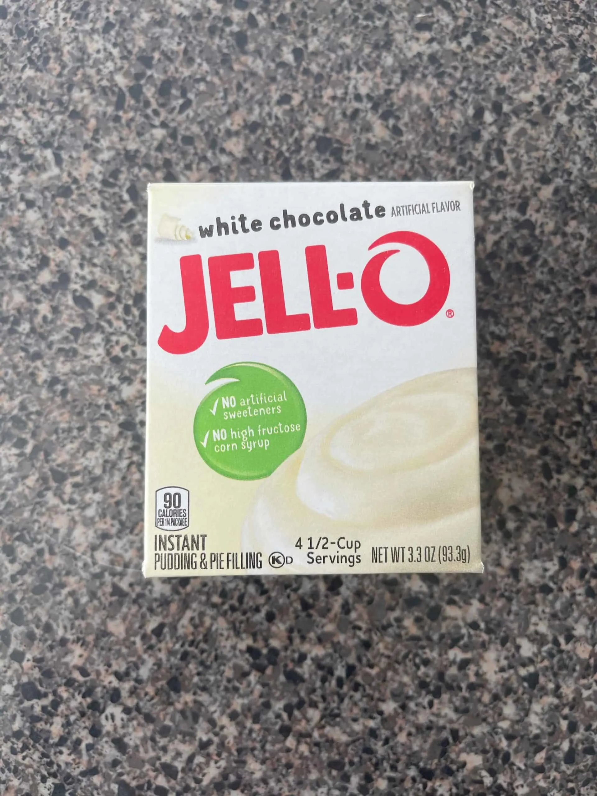 A box of white chocolate instant pudding.