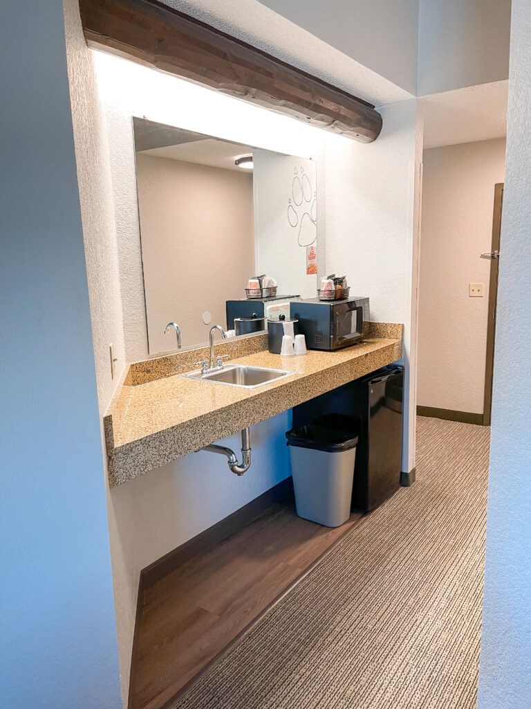 Kitchen and storage area in a Grizzly Bear Suite.