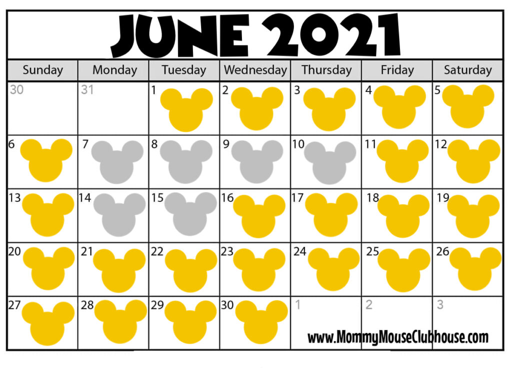 Disney World park availability calendar for June 2021.