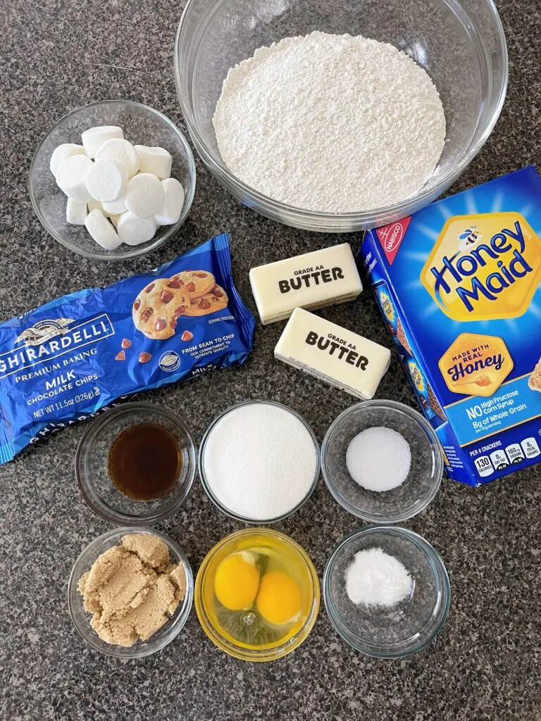 Ingredients for S'mores cookies with graham crackers.
