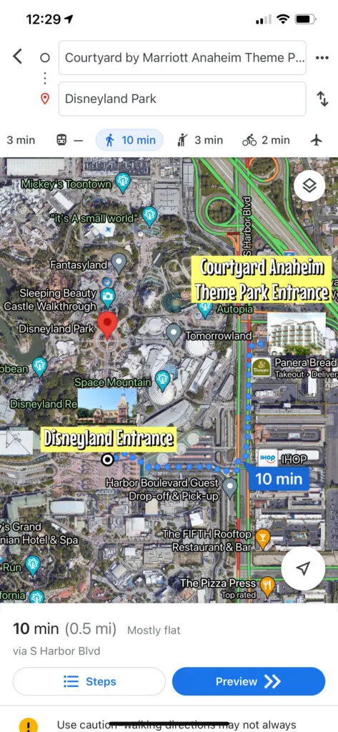 Map showing the walking route from Courtyard Theme Park Entrance to the entrance of Disneyland.