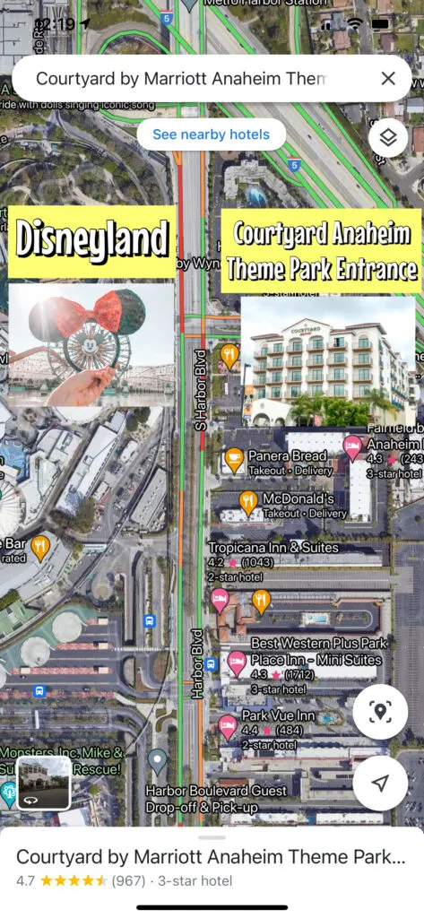 Map of Courtyard Anaheim Theme Park Entrance across the street from Disneyland.
