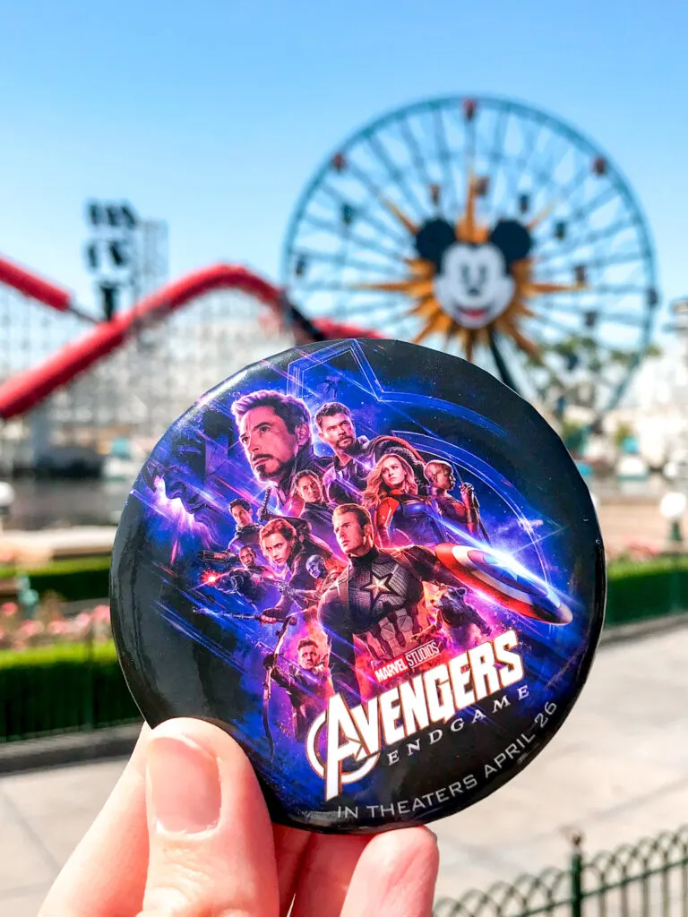 Avengers End Game button in front of Pixar Pier at Disneyland.