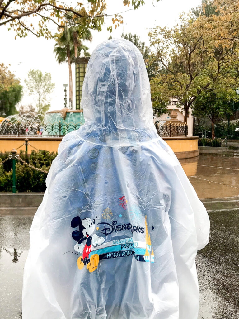 en pojke i en Disney Parks poncho på Disneyland.