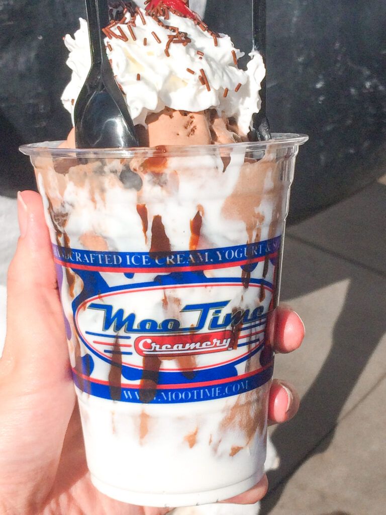 A brownie sundae in a Moo Time Creamery cup in Coronado San Diego, California.