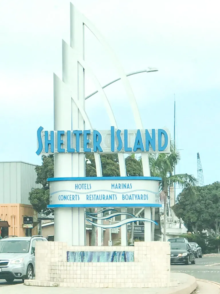Entrance sign for Shelter Island in San Diego.