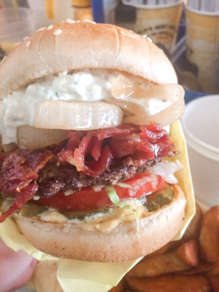 A cheeseburger with bacon and blue cheese from Hodad's in San Diego.
