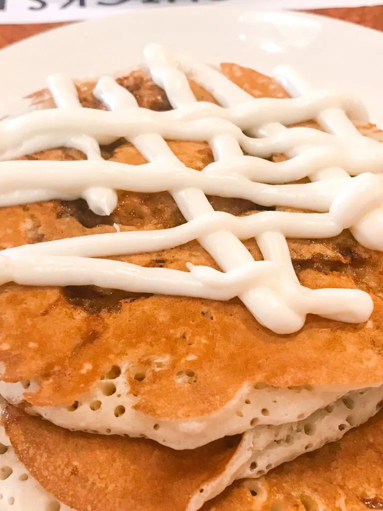 Cinnamon roll pancakes from The Broken Yolk Cafe in San Diego California.