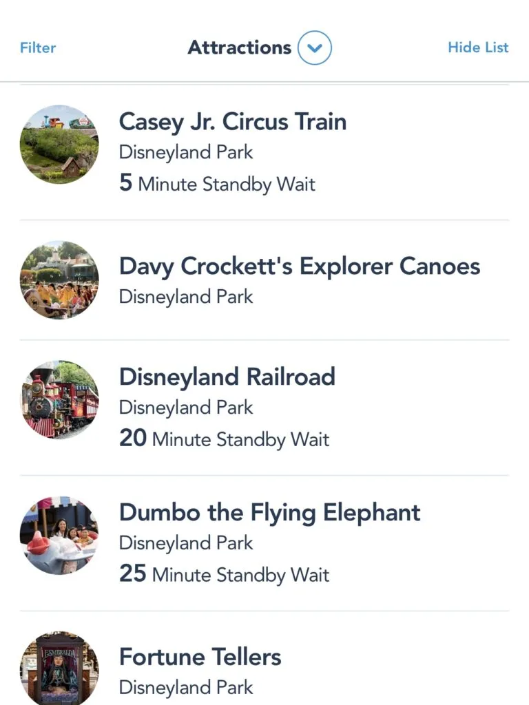 A list of Disneyland wait times in July.